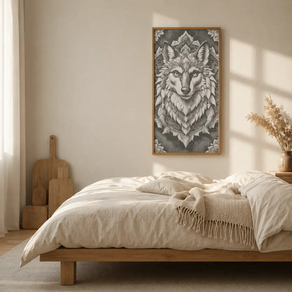 Bedroom with a wolf artwork on the wall, wooden bed, and natural light. Wolf Mandala | Dot Painting Kit