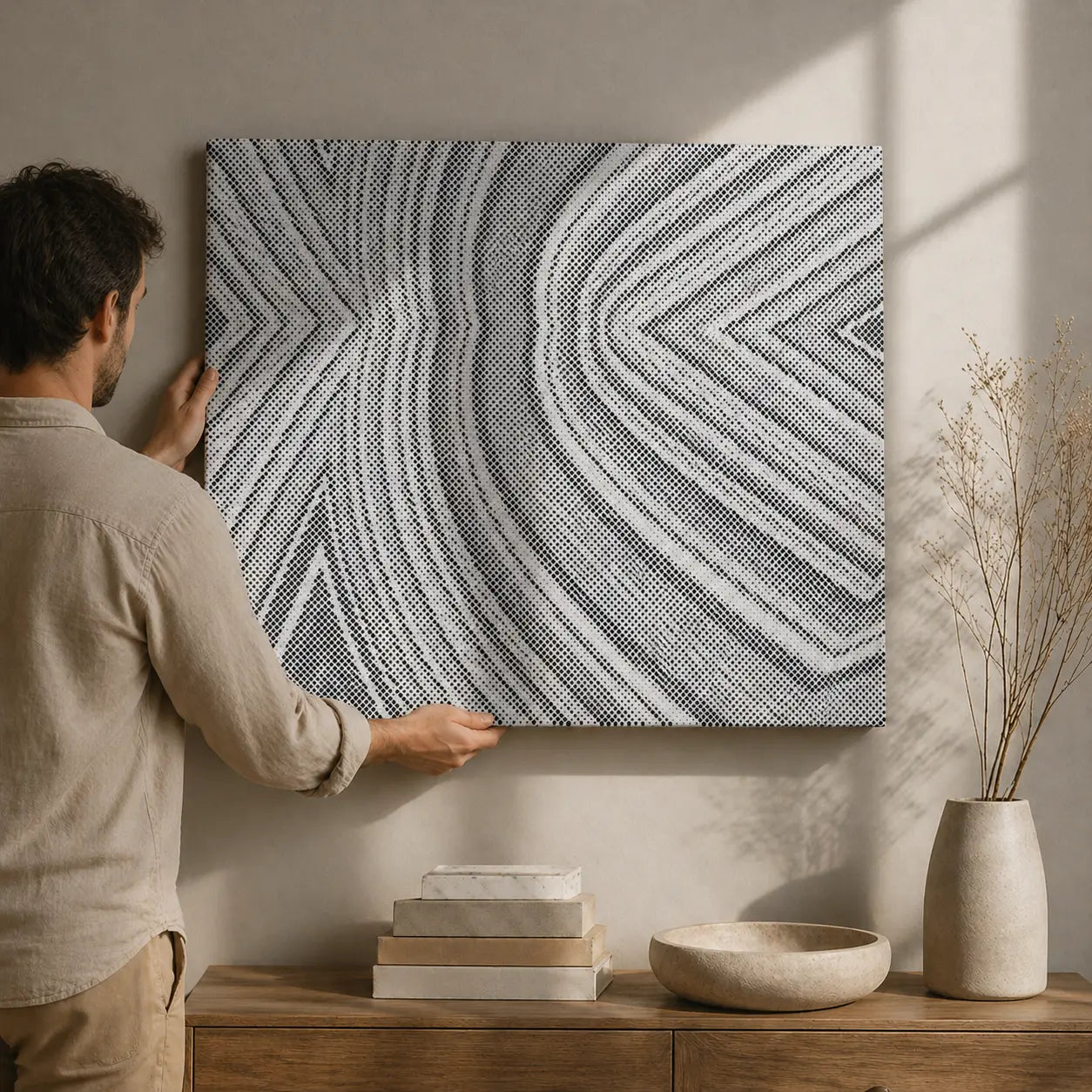 Man hanging a black and white abstract dot painting piece in a room with a wooden side table and decorative items.